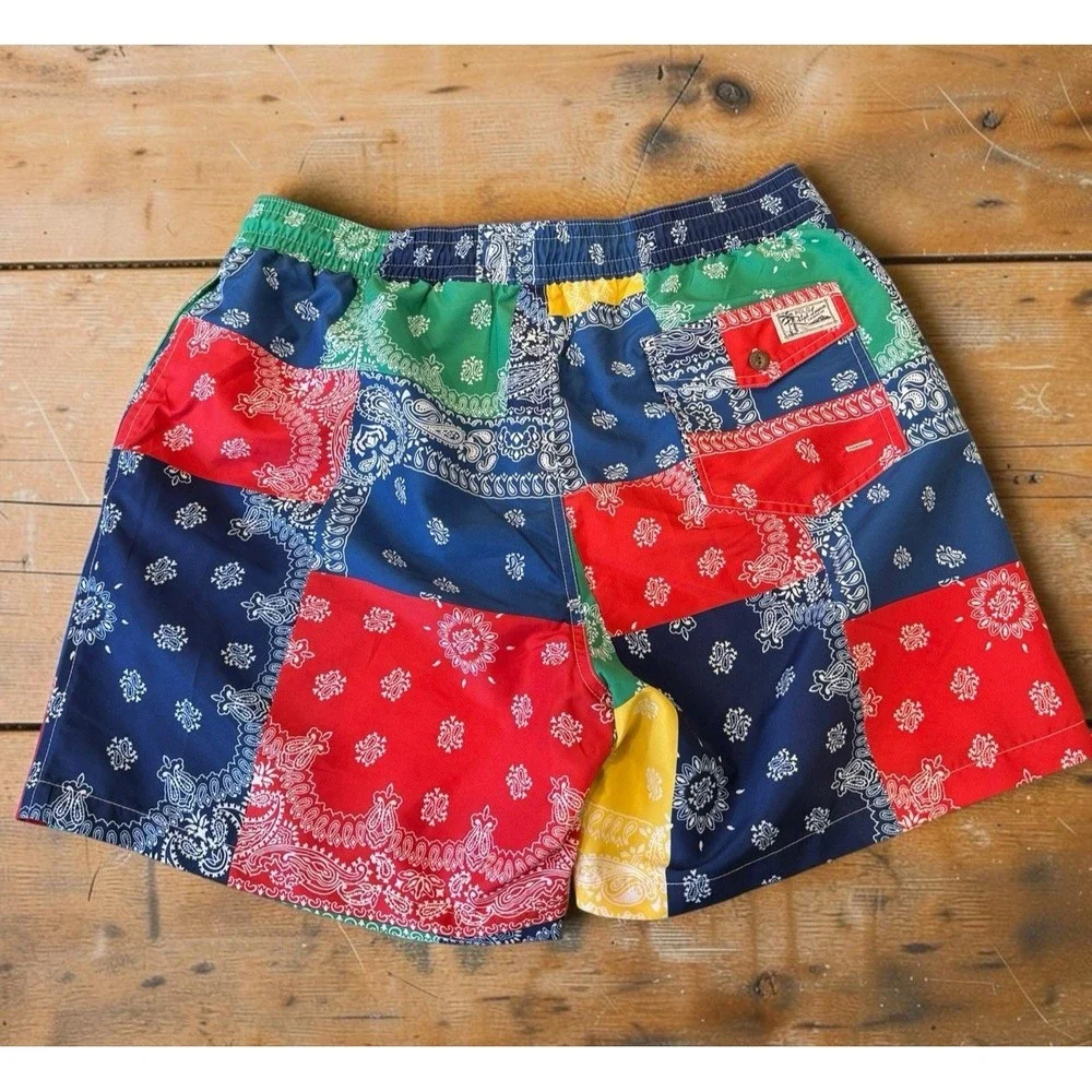 Polo Ralph Lauren Pony Bandana Patchwork Traveler Surf Swim Trunks Men's L NWT